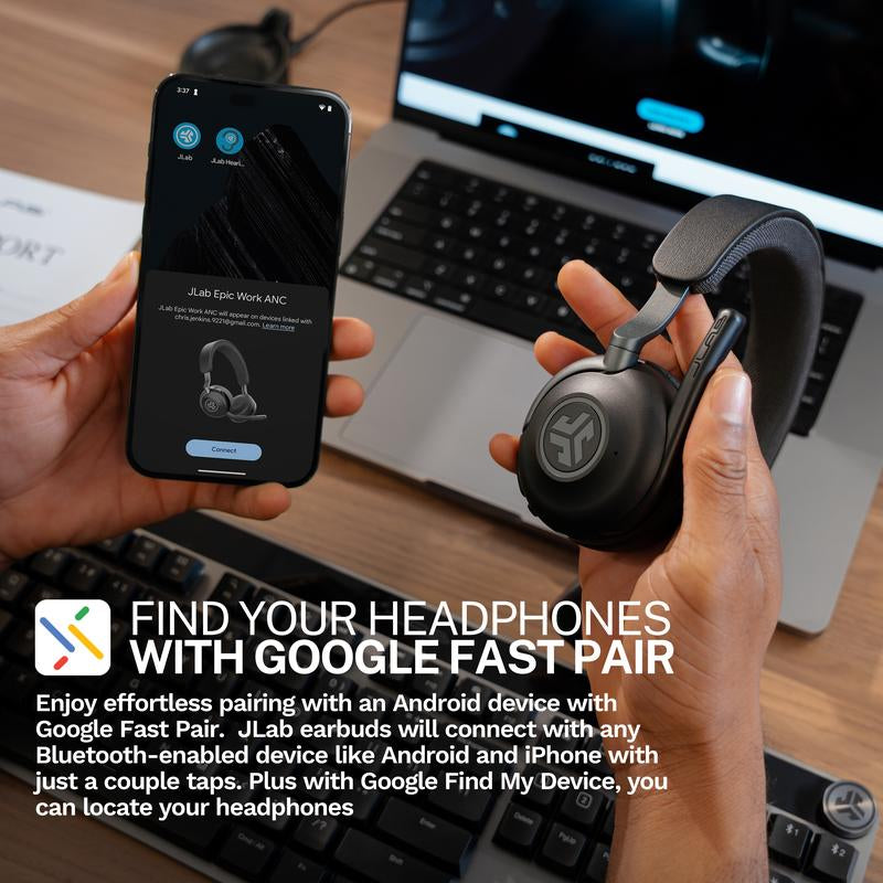 Jlab Epic Work ANC Wireless On-Ear Headset Black, Quick Mute Rotating Boom Mic, 2 in 1 Docking Station, Fast Pair, Premium Work Headset, Noise Cancellation, Bluetooth, Crystal Clear Call Quality