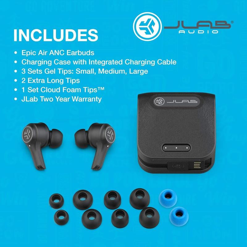 Jlab Epic Air ANC True Wireless Bluetooth Earbuds, Active Noise Canceling, IP55 Sweatproof, 40+ Hour Playtime, Integrated USB Charging Case Audio Cable