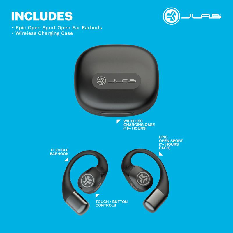 Jlab Epic Open Sport Earbuds Hi-Res Audio 30+ Hr Playtime Open-Ear Design Bluetooth Multipoint Wireless Charging IP55 2-Year Warranty