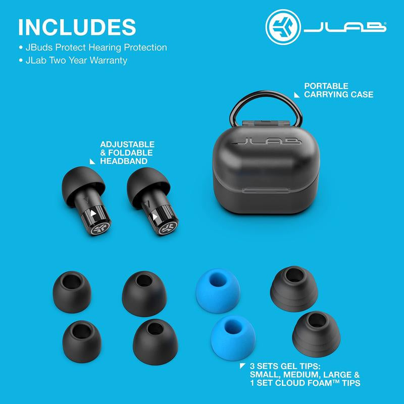 Earplugs Reuseable: Jlab Jbuds Protect Hearing Protection Earplugs, Compact Case, Must Have for Concerts, Festivals, Sporting Events, Outdoors, Construction, Noisy Neighborhood