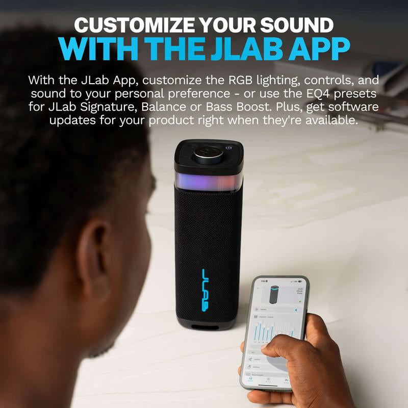 Must Have Speakers: Jlab Jbuds Party Portable Bluetooth Speaker, 30 Watts, 8.27" Tall, Customizable RGB Lighting, IP56 Splashproof, 12 Hr Playtime, Stereo Pairing & Labsync up to 100 Speakers