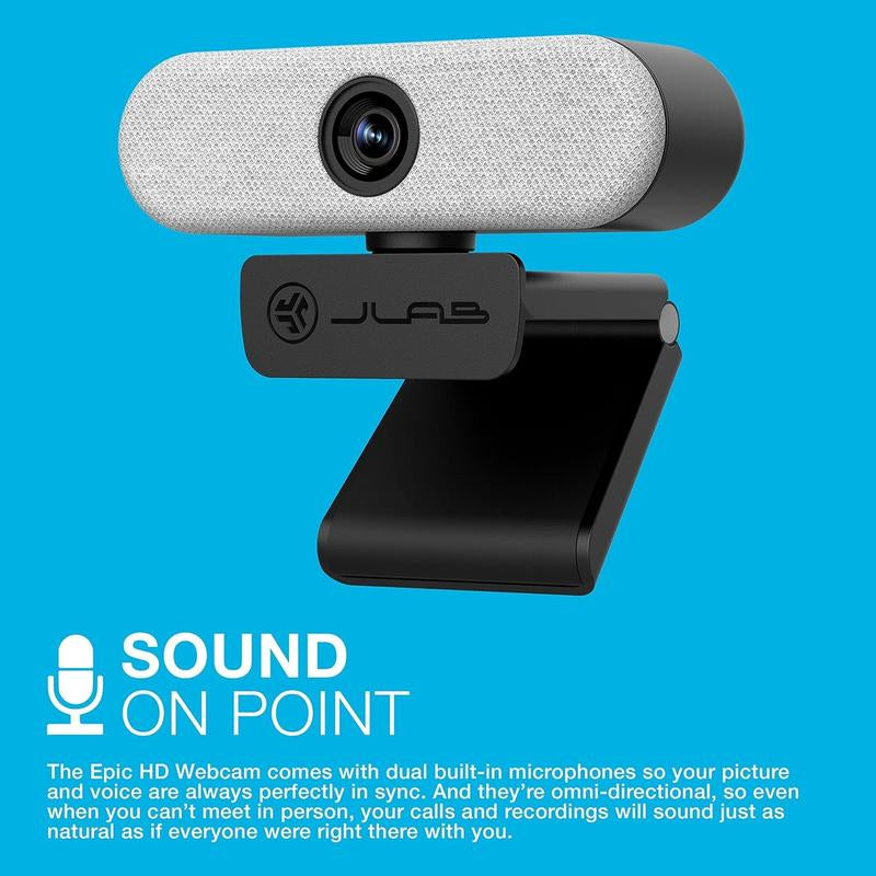 Jlab Epic Camera 2K/1080P HD USB Webcam, 90° Fov, Auto Focus, Dual Omni-Directional Microphones, Pc/Mac/Chromebook Compatible Gaming Desk Accessory