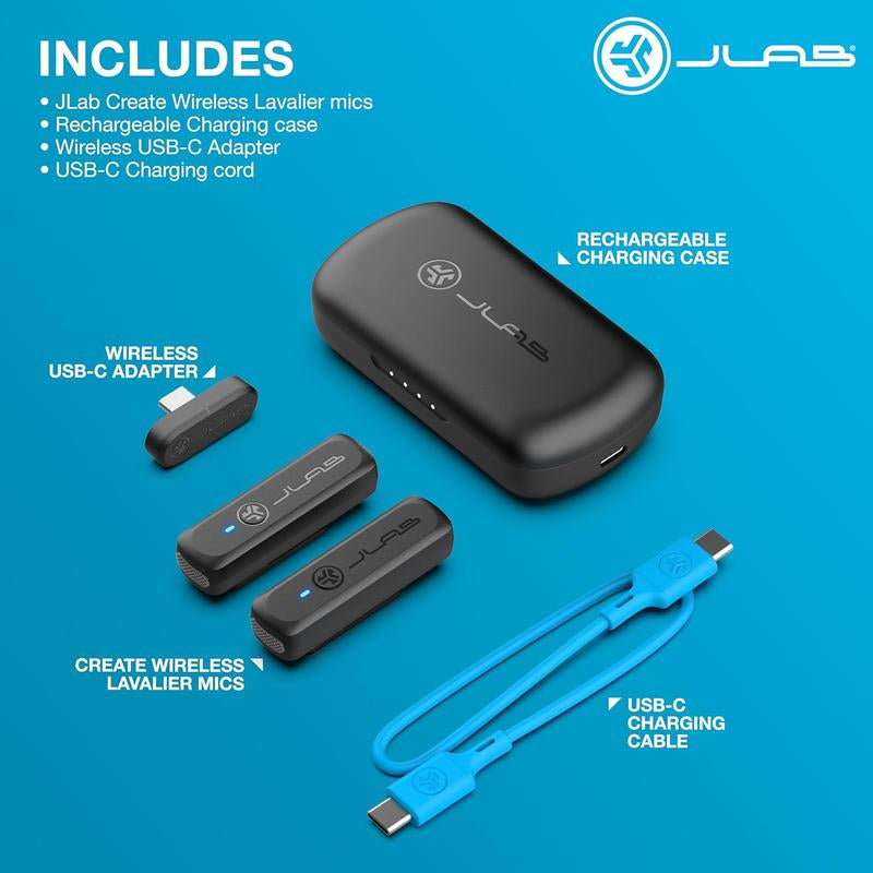 Jlab 2 Mini Microphones Wireless Lavalier Microphone System for Iphone, Android, Ipad, Charging Case with Clip, Noise Reduction, Rechargeable