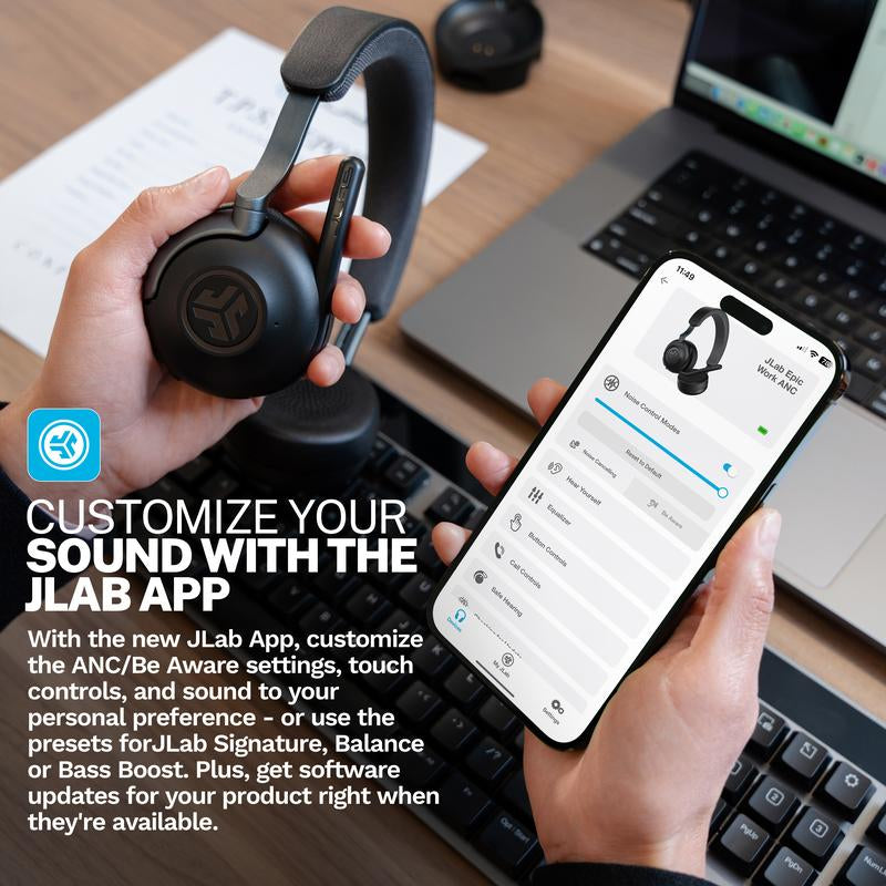 Jlab Epic Work ANC Wireless On-Ear Headset Black, Quick Mute Rotating Boom Mic, 2 in 1 Docking Station, Fast Pair, Premium Work Headset, Noise Cancellation, Bluetooth, Crystal Clear Call Quality