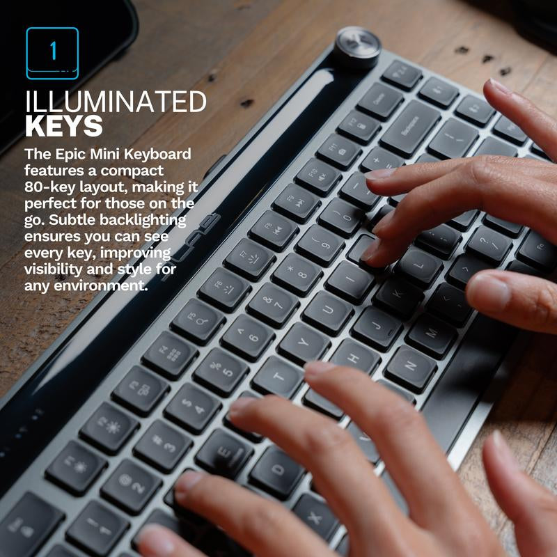 Jlab Epic Mini Wireless Computer Keyboard, 84 Keys, Bluetooth or USB Wireless Dongle, Illuminated Keys, Custom Profiles, Mac/Windows/Android Smart Media Knob