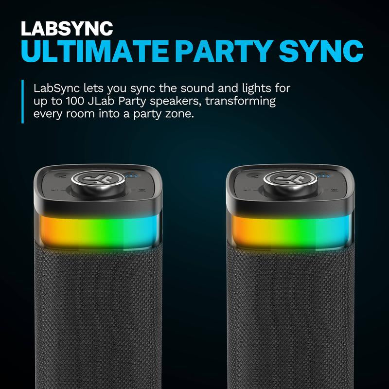 Must Have Speakers: Jlab Jbuds Party Portable Bluetooth Speaker, 30 Watts, 8.27" Tall, Customizable RGB Lighting, IP56 Splashproof, 12 Hr Playtime, Stereo Pairing & Labsync up to 100 Speakers
