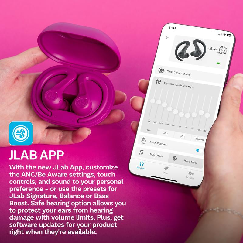 Jlab Jbuds Sport ANC 4 Wireless Earbuds, 60+ Hr Battery, Sweatproof, Earhook Fit, Hybrid Noise Canceling, Be Aware Mode, Bluetooth 5.2