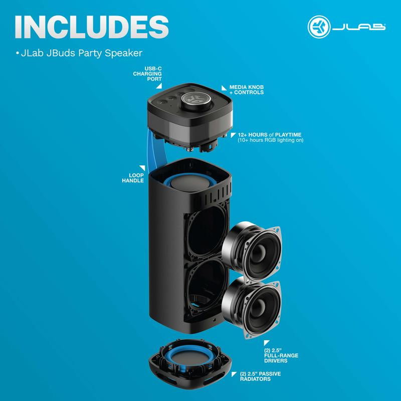 Must Have Speakers: Jlab Jbuds Party Portable Bluetooth Speaker, 30 Watts, 8.27" Tall, Customizable RGB Lighting, IP56 Splashproof, 12 Hr Playtime, Stereo Pairing & Labsync up to 100 Speakers