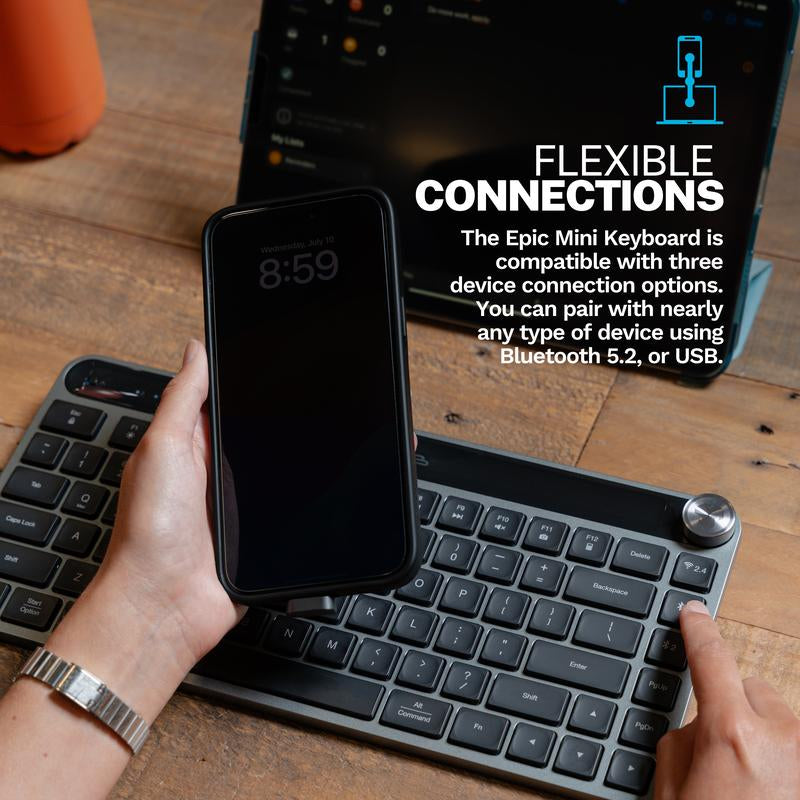 Jlab Epic Mini Wireless Computer Keyboard, 84 Keys, Bluetooth or USB Wireless Dongle, Illuminated Keys, Custom Profiles, Mac/Windows/Android Smart Media Knob