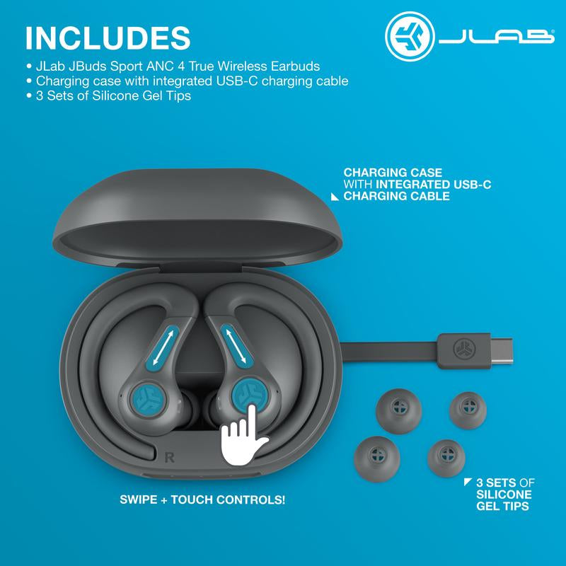 Jlab Jbuds Sport ANC 4 Wireless Earbuds, 60+ Hr Battery, Sweatproof, Earhook Fit, Hybrid Noise Canceling, Be Aware Mode, Bluetooth 5.2