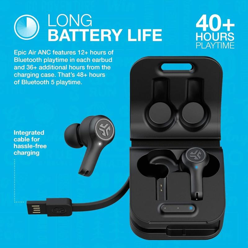 Jlab Epic Air ANC True Wireless Bluetooth Earbuds, Active Noise Canceling, IP55 Sweatproof, 40+ Hour Playtime, Integrated USB Charging Case Audio Cable