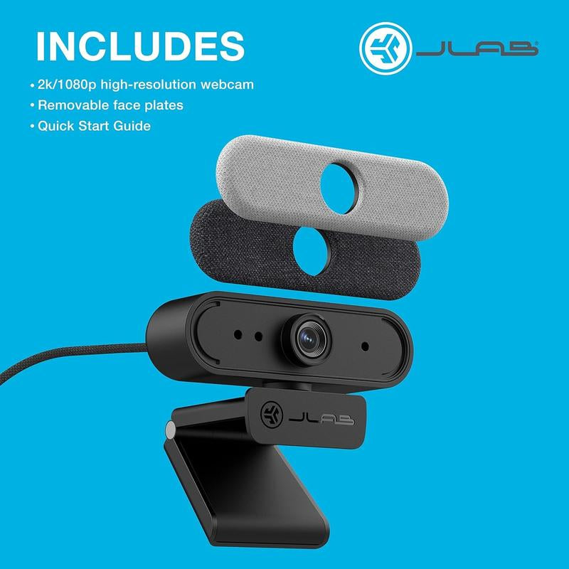 Jlab Epic Camera 2K/1080P HD USB Webcam, 90° Fov, Auto Focus, Dual Omni-Directional Microphones, Pc/Mac/Chromebook Compatible Gaming Desk Accessory