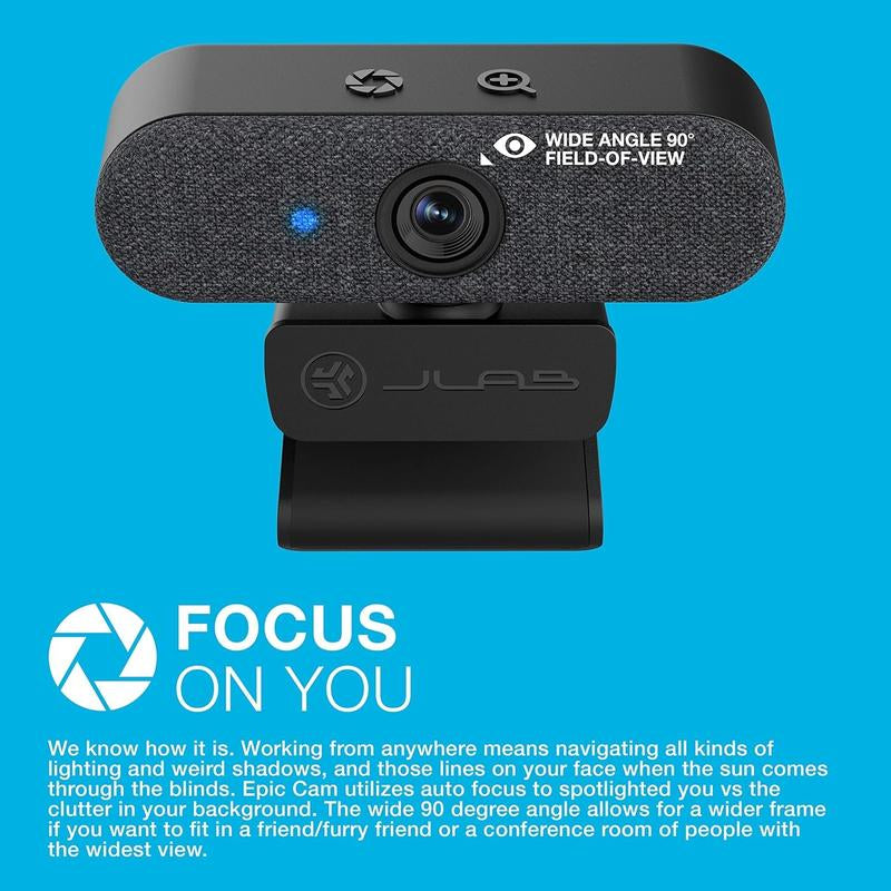 Jlab Epic Camera 2K/1080P HD USB Webcam, 90° Fov, Auto Focus, Dual Omni-Directional Microphones, Pc/Mac/Chromebook Compatible Gaming Desk Accessory