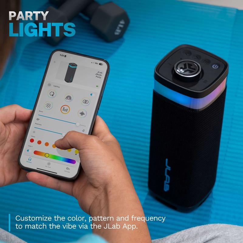 Must Have Speakers: Jlab Jbuds Party Portable Bluetooth Speaker, 30 Watts, 8.27" Tall, Customizable RGB Lighting, IP56 Splashproof, 12 Hr Playtime, Stereo Pairing & Labsync up to 100 Speakers