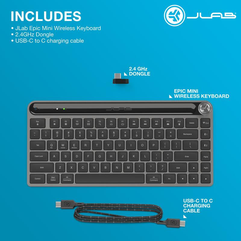 Jlab Epic Mini Wireless Computer Keyboard, 84 Keys, Bluetooth or USB Wireless Dongle, Illuminated Keys, Custom Profiles, Mac/Windows/Android Smart Media Knob