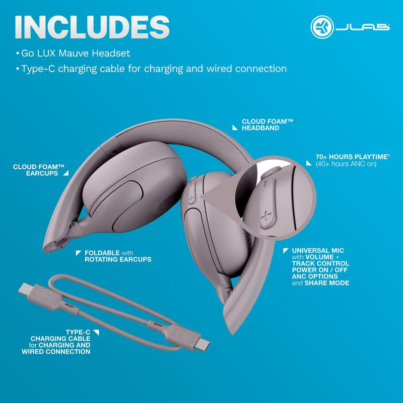 Gift Set: Jlab Jbuds Lux & Go Lux Active Noise Cancelling Headphones, over Ear & on Ear Headphones, Mauve