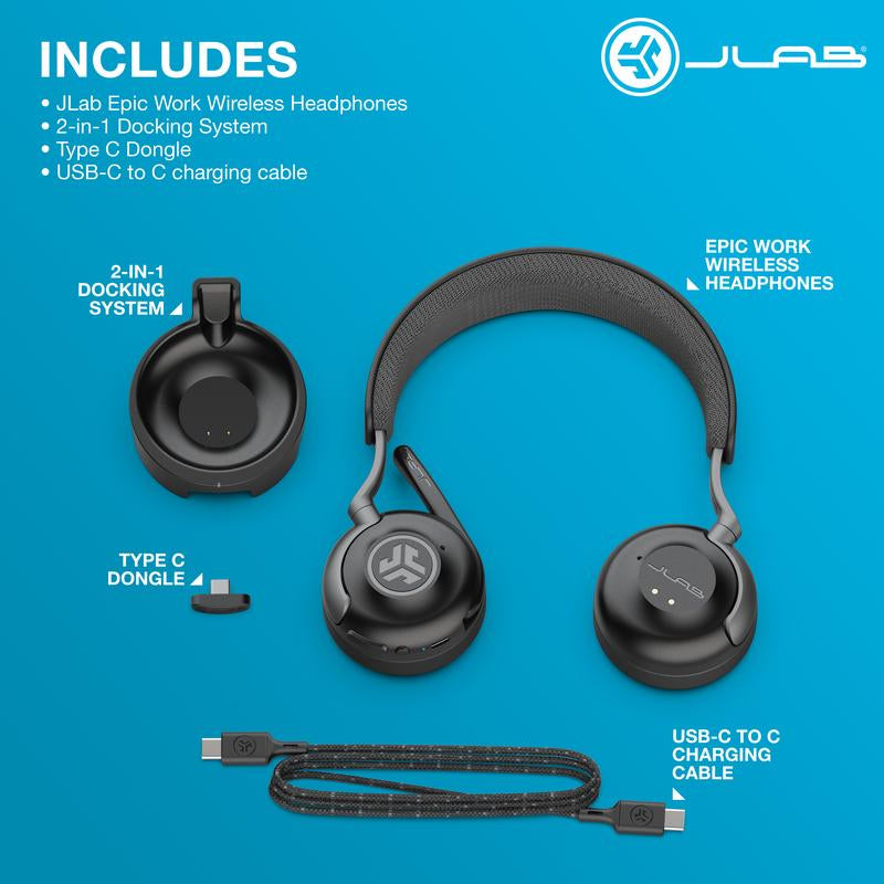 Jlab Epic Work ANC Wireless On-Ear Headset Black, Quick Mute Rotating Boom Mic, 2 in 1 Docking Station, Fast Pair, Premium Work Headset, Noise Cancellation, Bluetooth, Crystal Clear Call Quality